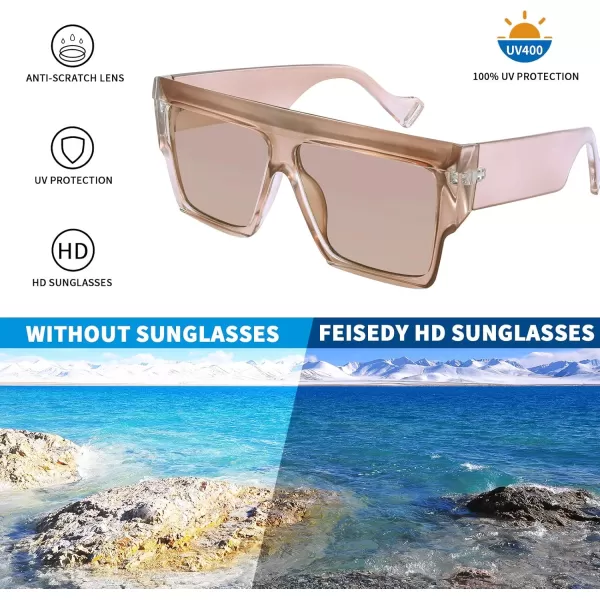 FEISEDY Oversized Flat Top Sunglasses Women Men Square Aviator Fashion Shades B2750Champagne