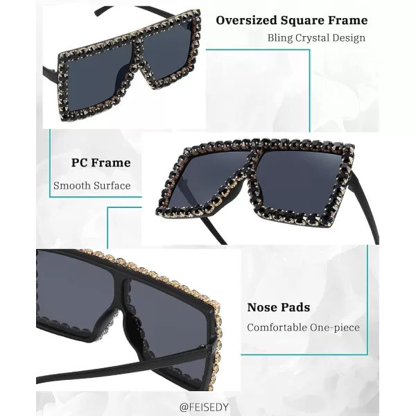 FEISEDY Oversized Sparkling Crystal Sunglasses Disco Diamond Flat Top Fashion Square Large Shades B2782001 Black Diamond  Dark Grey Lens