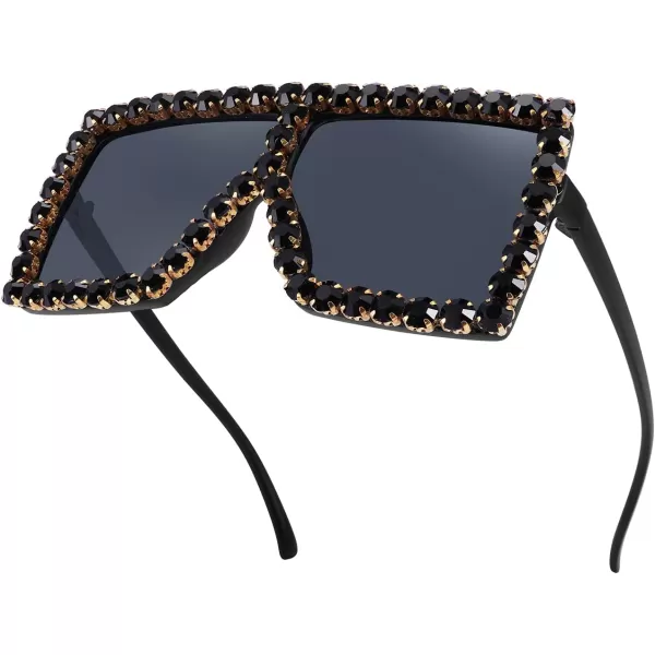 FEISEDY Oversized Sparkling Crystal Sunglasses Disco Diamond Flat Top Fashion Square Large Shades B2782001 Black Diamond  Dark Grey Lens