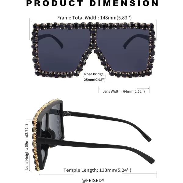 FEISEDY Oversized Sparkling Crystal Sunglasses Disco Diamond Flat Top Fashion Square Large Shades B2782001 Black Diamond  Dark Grey Lens