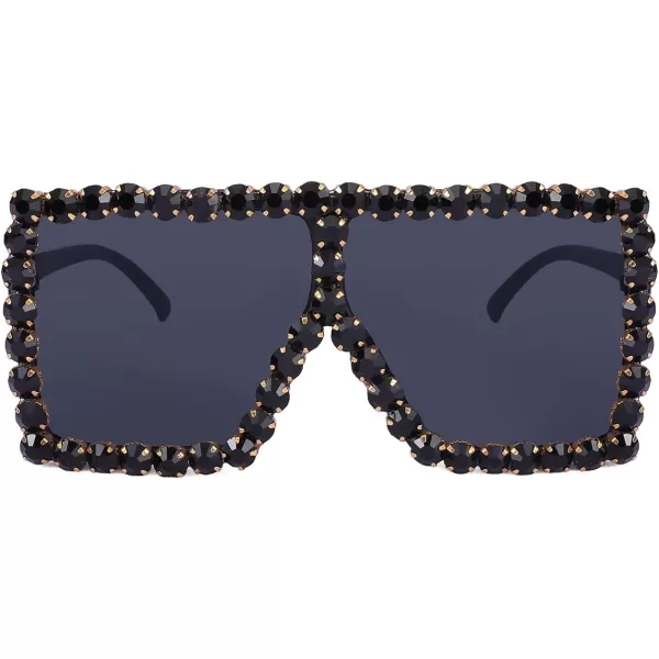 FEISEDY Oversized Sparkling Crystal Sunglasses Disco Diamond Flat Top Fashion Square Large Shades B2782001 Black Diamond  Dark Grey Lens