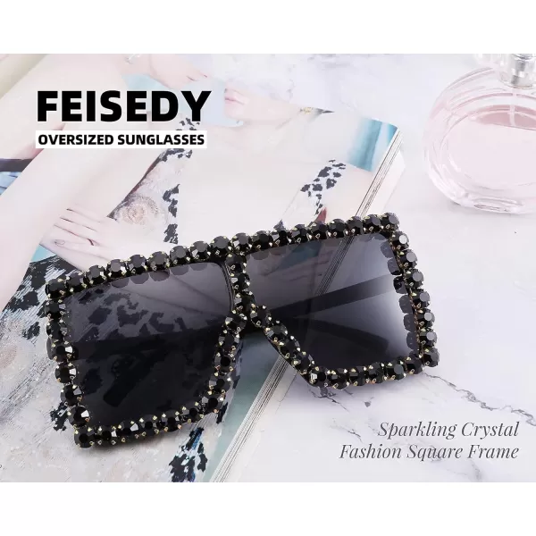 FEISEDY Oversized Sparkling Crystal Sunglasses Disco Diamond Flat Top Fashion Square Large Shades B2782001 Black Diamond  Dark Grey Lens