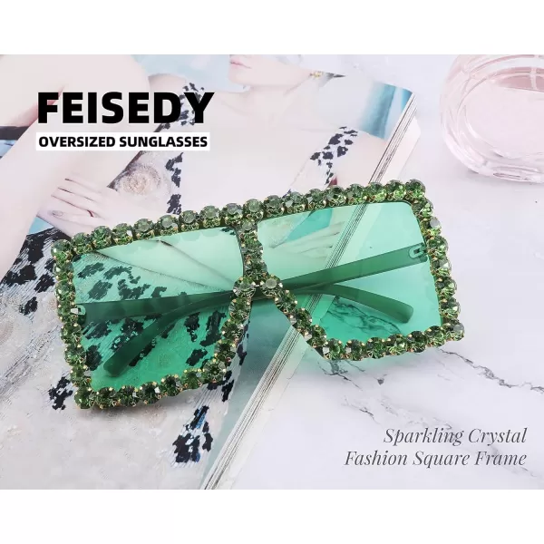 FEISEDY Oversized Sparkling Crystal Sunglasses Disco Diamond Flat Top Fashion Square Large Shades B2782002 Green Diamond  Green Lens