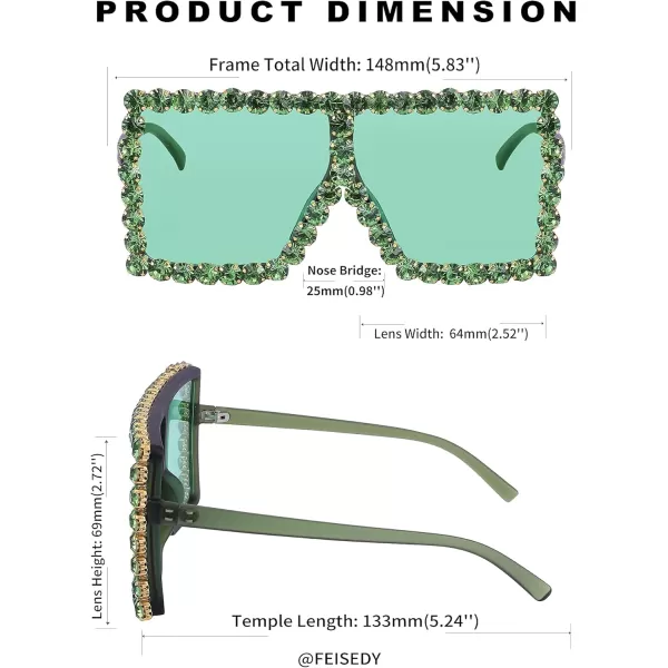 FEISEDY Oversized Sparkling Crystal Sunglasses Disco Diamond Flat Top Fashion Square Large Shades B2782002 Green Diamond  Green Lens