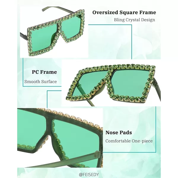 FEISEDY Oversized Sparkling Crystal Sunglasses Disco Diamond Flat Top Fashion Square Large Shades B2782002 Green Diamond  Green Lens