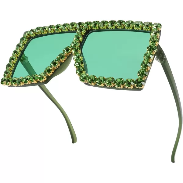 FEISEDY Oversized Sparkling Crystal Sunglasses Disco Diamond Flat Top Fashion Square Large Shades B2782002 Green Diamond  Green Lens