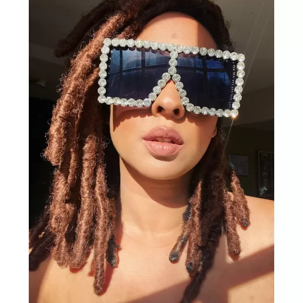 FEISEDY Oversized Sparkling Crystal Sunglasses Disco Diamond Flat Top Fashion Square Large Shades B2782003 White Diamond  Light Grey Lens