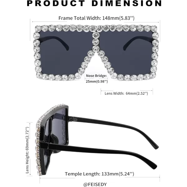FEISEDY Oversized Sparkling Crystal Sunglasses Disco Diamond Flat Top Fashion Square Large Shades B2782003 White Diamond  Light Grey Lens
