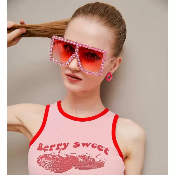 FEISEDY Oversized Sparkling Crystal Sunglasses Disco Diamond Flat Top Fashion Square Large Shades B2782003 White Diamond  Light Grey Lens