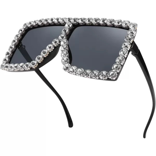 FEISEDY Oversized Sparkling Crystal Sunglasses Disco Diamond Flat Top Fashion Square Large Shades B2782003 White Diamond  Light Grey Lens