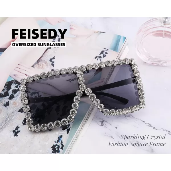 FEISEDY Oversized Sparkling Crystal Sunglasses Disco Diamond Flat Top Fashion Square Large Shades B2782003 White Diamond  Light Grey Lens