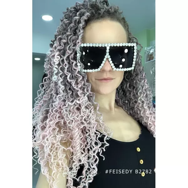 FEISEDY Oversized Sparkling Crystal Sunglasses Disco Diamond Flat Top Fashion Square Large Shades B2782003 White Diamond  Light Grey Lens