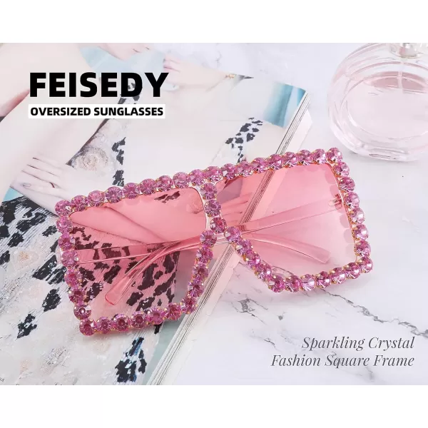 FEISEDY Oversized Sparkling Crystal Sunglasses Disco Diamond Flat Top Fashion Square Large Shades B2782004 Pink Diamond  Gradual Pink Lens