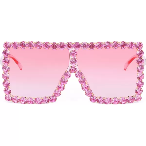 FEISEDY Oversized Sparkling Crystal Sunglasses Disco Diamond Flat Top Fashion Square Large Shades B2782004 Pink Diamond  Gradual Pink Lens