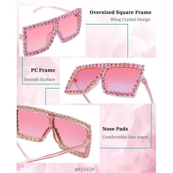 FEISEDY Oversized Sparkling Crystal Sunglasses Disco Diamond Flat Top Fashion Square Large Shades B2782004 Pink Diamond  Gradual Pink Lens