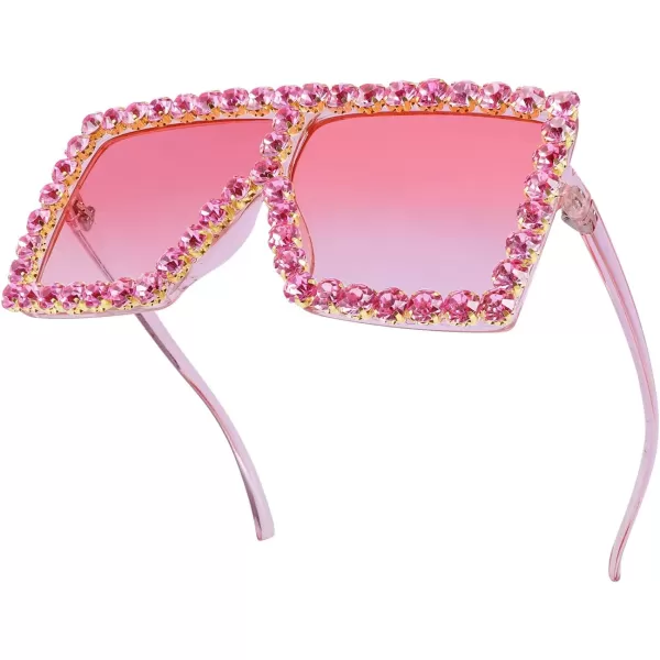 FEISEDY Oversized Sparkling Crystal Sunglasses Disco Diamond Flat Top Fashion Square Large Shades B2782004 Pink Diamond  Gradual Pink Lens