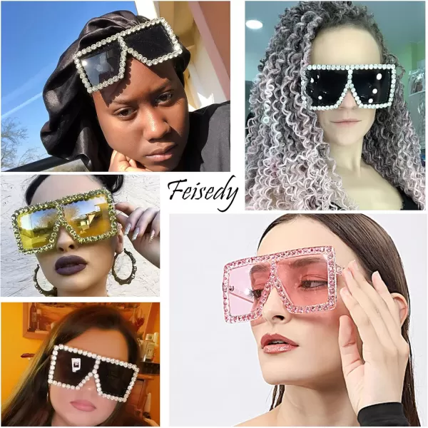 FEISEDY Oversized Sparkling Crystal Sunglasses Disco Diamond Flat Top Fashion Square Large Shades B2782005 Tea Diamond  Gradual Tea Lens