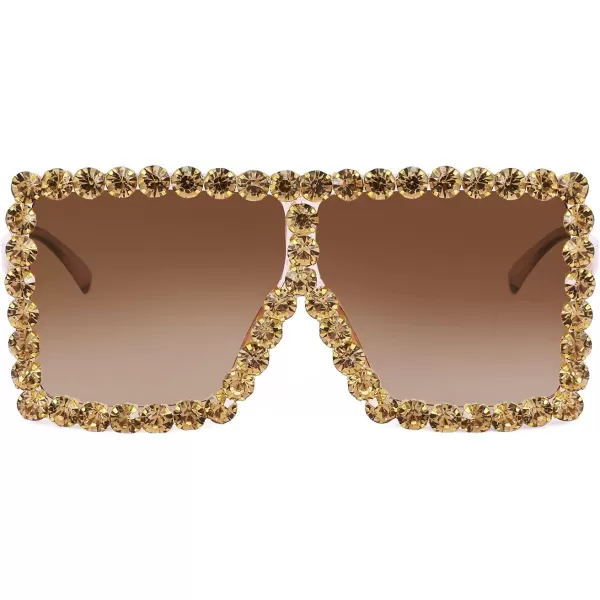 FEISEDY Oversized Sparkling Crystal Sunglasses Disco Diamond Flat Top Fashion Square Large Shades B2782005 Tea Diamond  Gradual Tea Lens