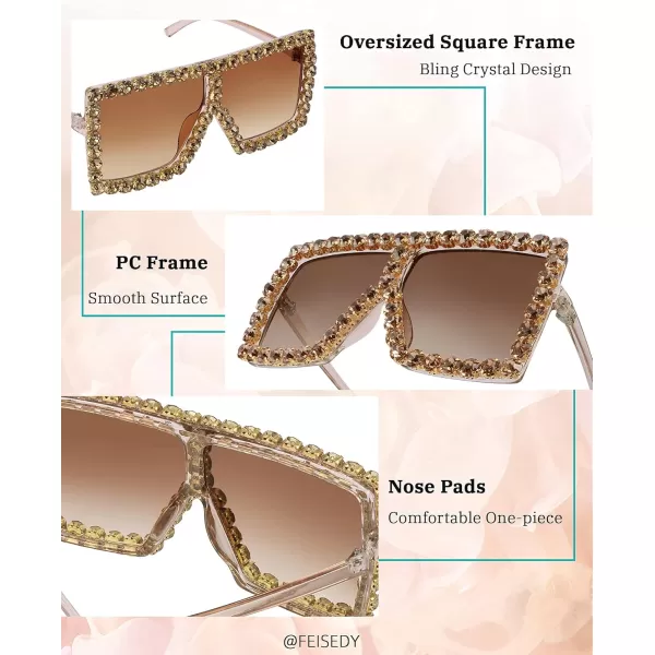 FEISEDY Oversized Sparkling Crystal Sunglasses Disco Diamond Flat Top Fashion Square Large Shades B2782005 Tea Diamond  Gradual Tea Lens