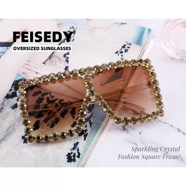 FEISEDY Oversized Sparkling Crystal Sunglasses Disco Diamond Flat Top Fashion Square Large Shades B2782005 Tea Diamond  Gradual Tea Lens
