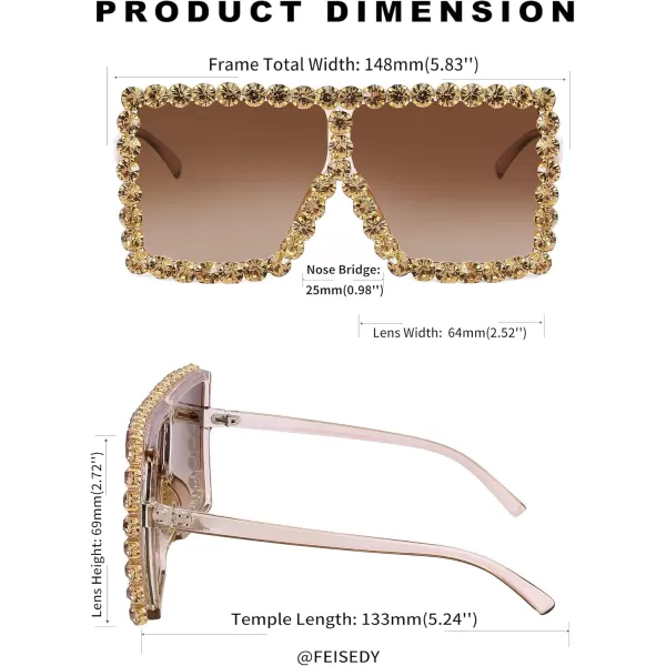 FEISEDY Oversized Sparkling Crystal Sunglasses Disco Diamond Flat Top Fashion Square Large Shades B2782005 Tea Diamond  Gradual Tea Lens