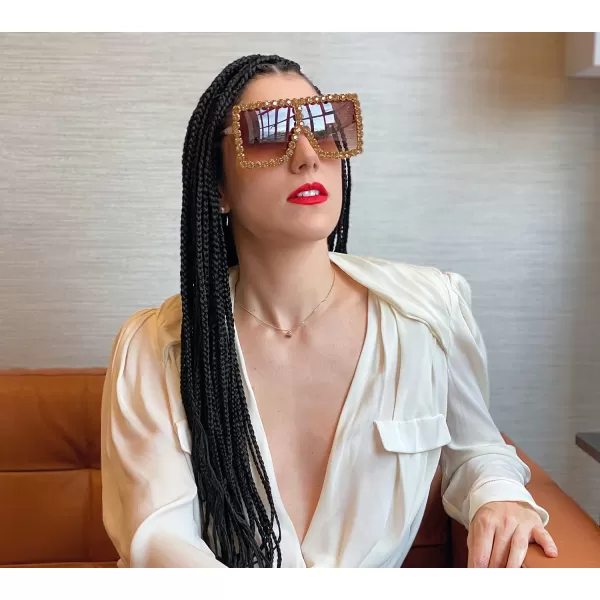 FEISEDY Oversized Sparkling Crystal Sunglasses Disco Diamond Flat Top Fashion Square Large Shades B2782005 Tea Diamond  Gradual Tea Lens