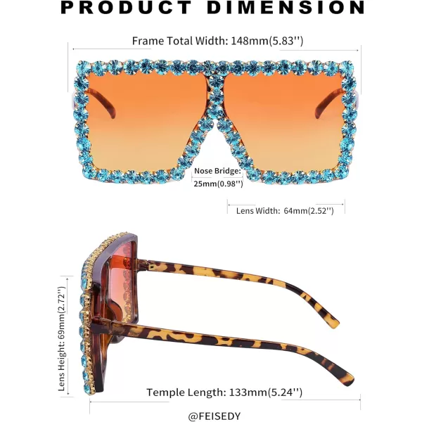 FEISEDY Oversized Sparkling Crystal Sunglasses Disco Diamond Flat Top Fashion Square Large Shades B2782006 Blue Diamond  Gradual Yellow Lens