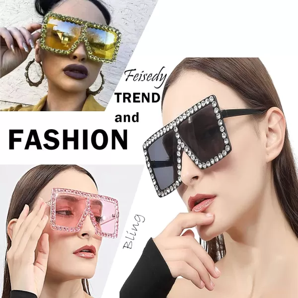FEISEDY Oversized Sparkling Crystal Sunglasses Disco Diamond Flat Top Fashion Square Large Shades B2782006 Blue Diamond  Gradual Yellow Lens
