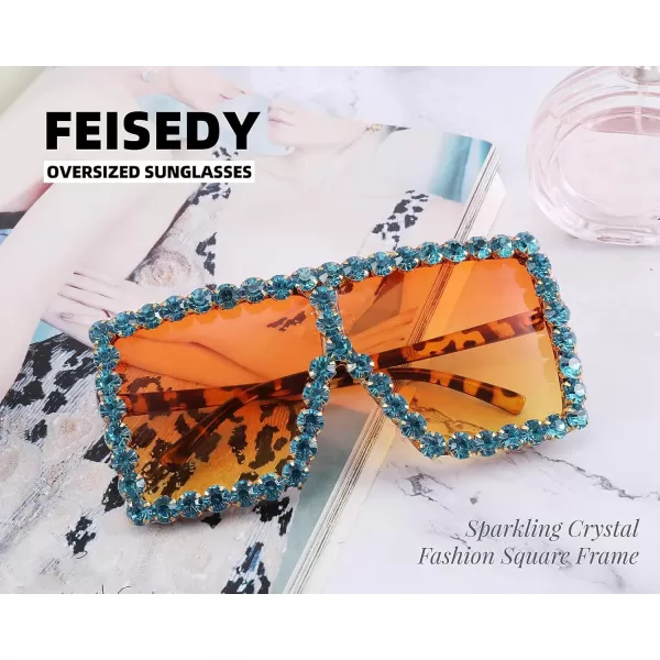 FEISEDY Oversized Sparkling Crystal Sunglasses Disco Diamond Flat Top Fashion Square Large Shades B2782006 Blue Diamond  Gradual Yellow Lens