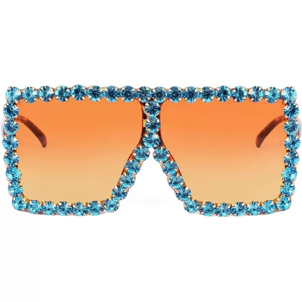 FEISEDY Oversized Sparkling Crystal Sunglasses Disco Diamond Flat Top Fashion Square Large Shades B2782006 Blue Diamond  Gradual Yellow Lens
