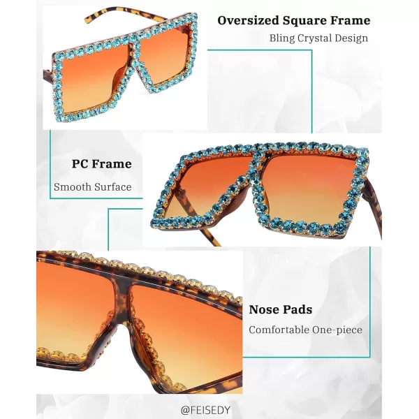 FEISEDY Oversized Sparkling Crystal Sunglasses Disco Diamond Flat Top Fashion Square Large Shades B2782006 Blue Diamond  Gradual Yellow Lens