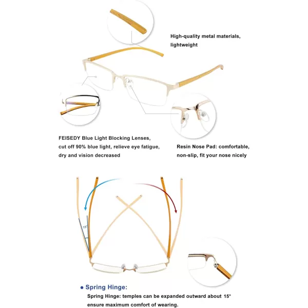 FEISEDY Refined Semi Rimless Rectangle HalfFrame Blue Light Blocking Computer Glasses Women Men B2626Gold