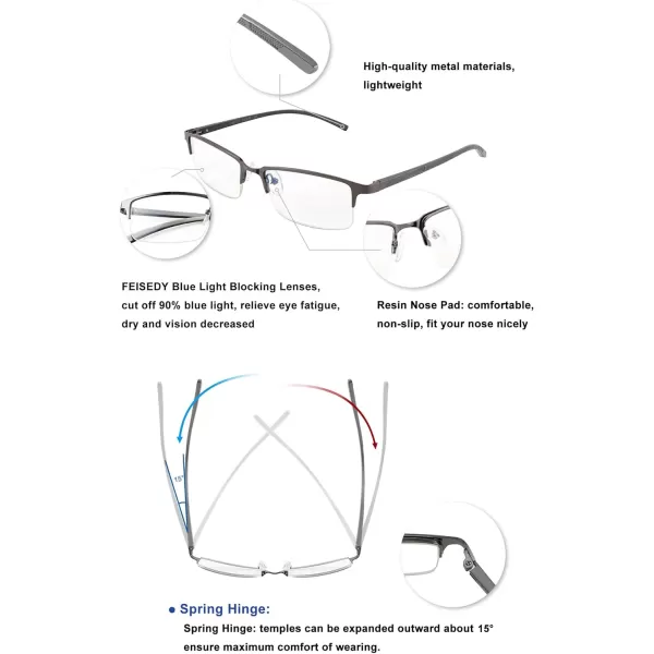 FEISEDY Refined Semi Rimless Rectangle HalfFrame Blue Light Blocking Computer Glasses Women Men B2626Gun