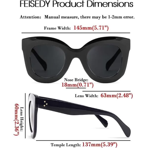 FEISEDY Retro Oversized Square Horn Sunglasses Semi Cat Eye Butterfly Glass Big Thick Bold Frame B2572Black