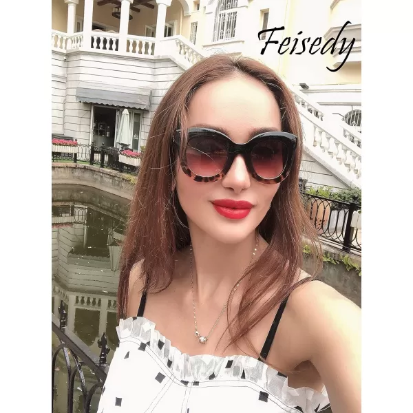 FEISEDY Retro Oversized Square Horn Sunglasses Semi Cat Eye Butterfly Glass Big Thick Bold Frame B2572Blackleopard