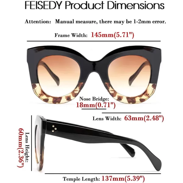 FEISEDY Retro Oversized Square Horn Sunglasses Semi Cat Eye Butterfly Glass Big Thick Bold Frame B2572Blackleopard