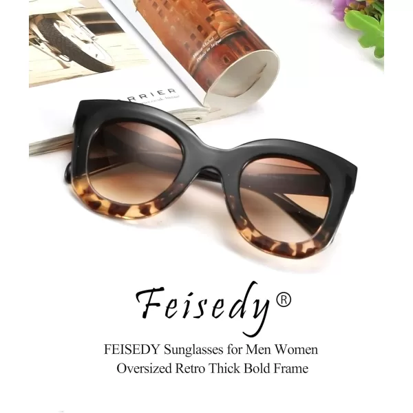 FEISEDY Retro Oversized Square Horn Sunglasses Semi Cat Eye Butterfly Glass Big Thick Bold Frame B2572Blackleopard