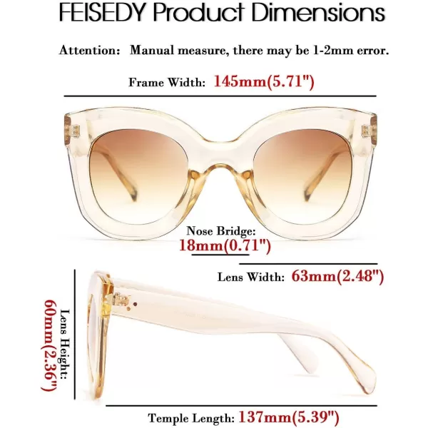 FEISEDY Retro Oversized Square Horn Sunglasses Semi Cat Eye Butterfly Glass Big Thick Bold Frame B2572Champagne