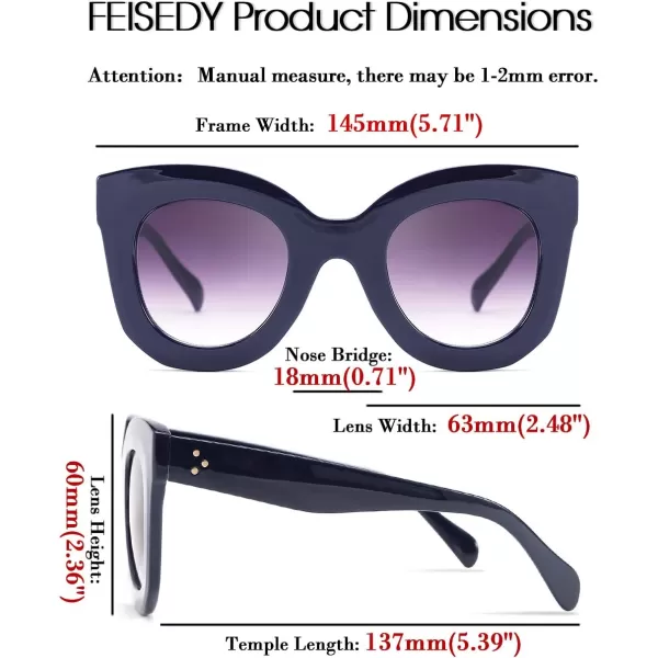 FEISEDY Retro Oversized Square Horn Sunglasses Semi Cat Eye Butterfly Glass Big Thick Bold Frame B2572Dark Blue