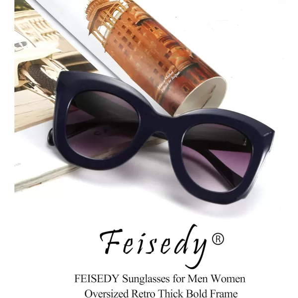 FEISEDY Retro Oversized Square Horn Sunglasses Semi Cat Eye Butterfly Glass Big Thick Bold Frame B2572Dark Blue