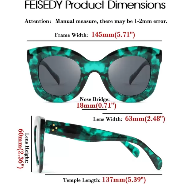FEISEDY Retro Oversized Square Horn Sunglasses Semi Cat Eye Butterfly Glass Big Thick Bold Frame B2572Greenleopard