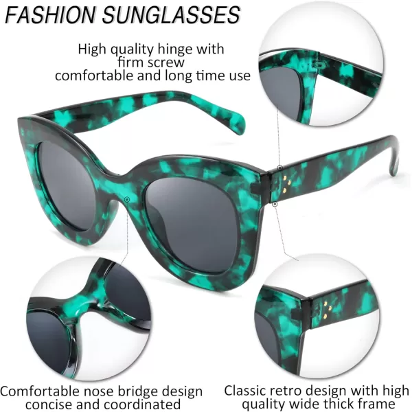 FEISEDY Retro Oversized Square Horn Sunglasses Semi Cat Eye Butterfly Glass Big Thick Bold Frame B2572Greenleopard