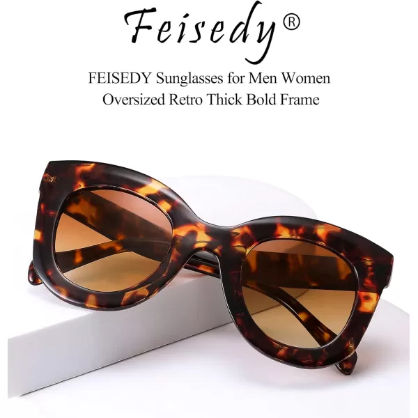 FEISEDY Retro Oversized Square Horn Sunglasses Semi Cat Eye Butterfly Glass Big Thick Bold Frame B2572Leopard