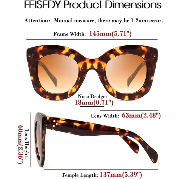 FEISEDY Retro Oversized Square Horn Sunglasses Semi Cat Eye Butterfly Glass Big Thick Bold Frame B2572Leopard