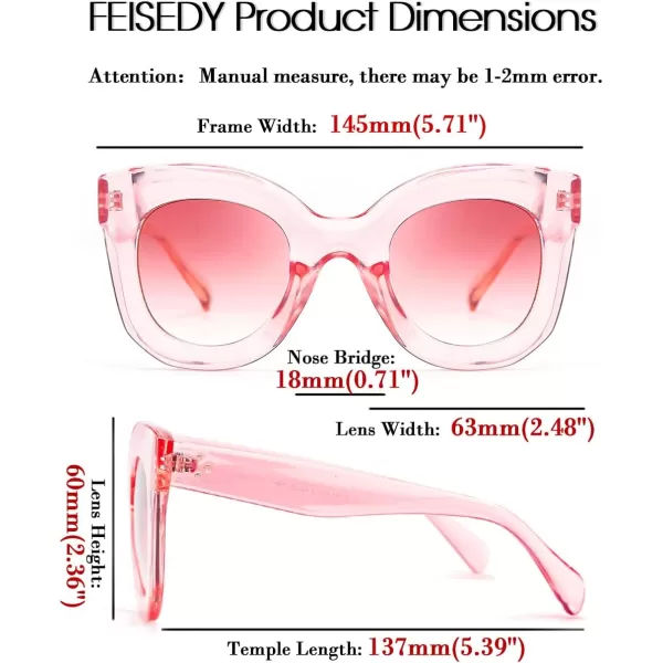 FEISEDY Retro Oversized Square Horn Sunglasses Semi Cat Eye Butterfly Glass Big Thick Bold Frame B2572Pink