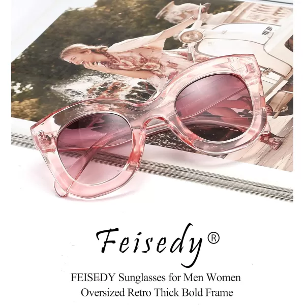 FEISEDY Retro Oversized Square Horn Sunglasses Semi Cat Eye Butterfly Glass Big Thick Bold Frame B2572Pink