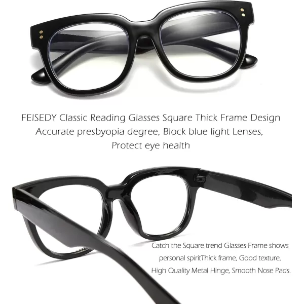 FEISEDY Retro Square Thick Big Frame Blue Light Blocking Reading Glasses Anti Glare Digital Eyestrain Reader B2523Black