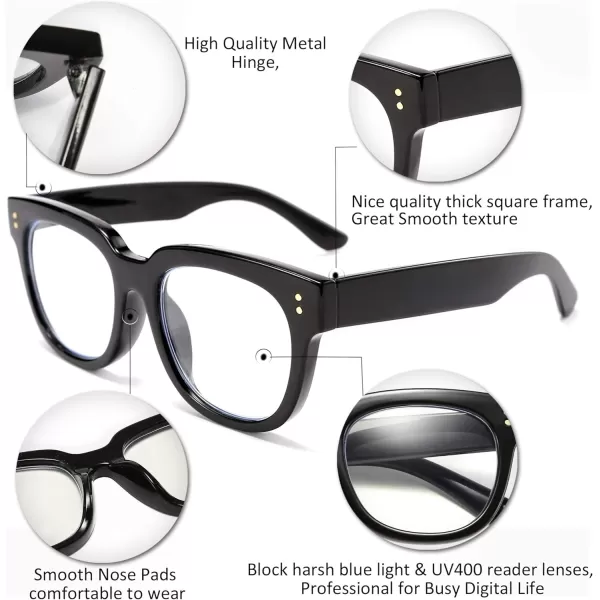 FEISEDY Retro Square Thick Big Frame Blue Light Blocking Reading Glasses Anti Glare Digital Eyestrain Reader B2523Black