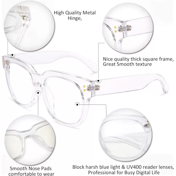 FEISEDY Retro Square Thick Big Frame Blue Light Blocking Reading Glasses Anti Glare Digital Eyestrain Reader B2523Clear