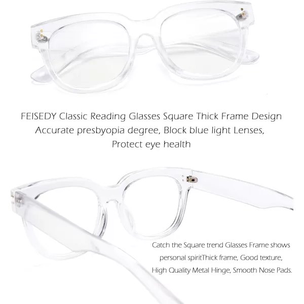 FEISEDY Retro Square Thick Big Frame Blue Light Blocking Reading Glasses Anti Glare Digital Eyestrain Reader B2523Clear